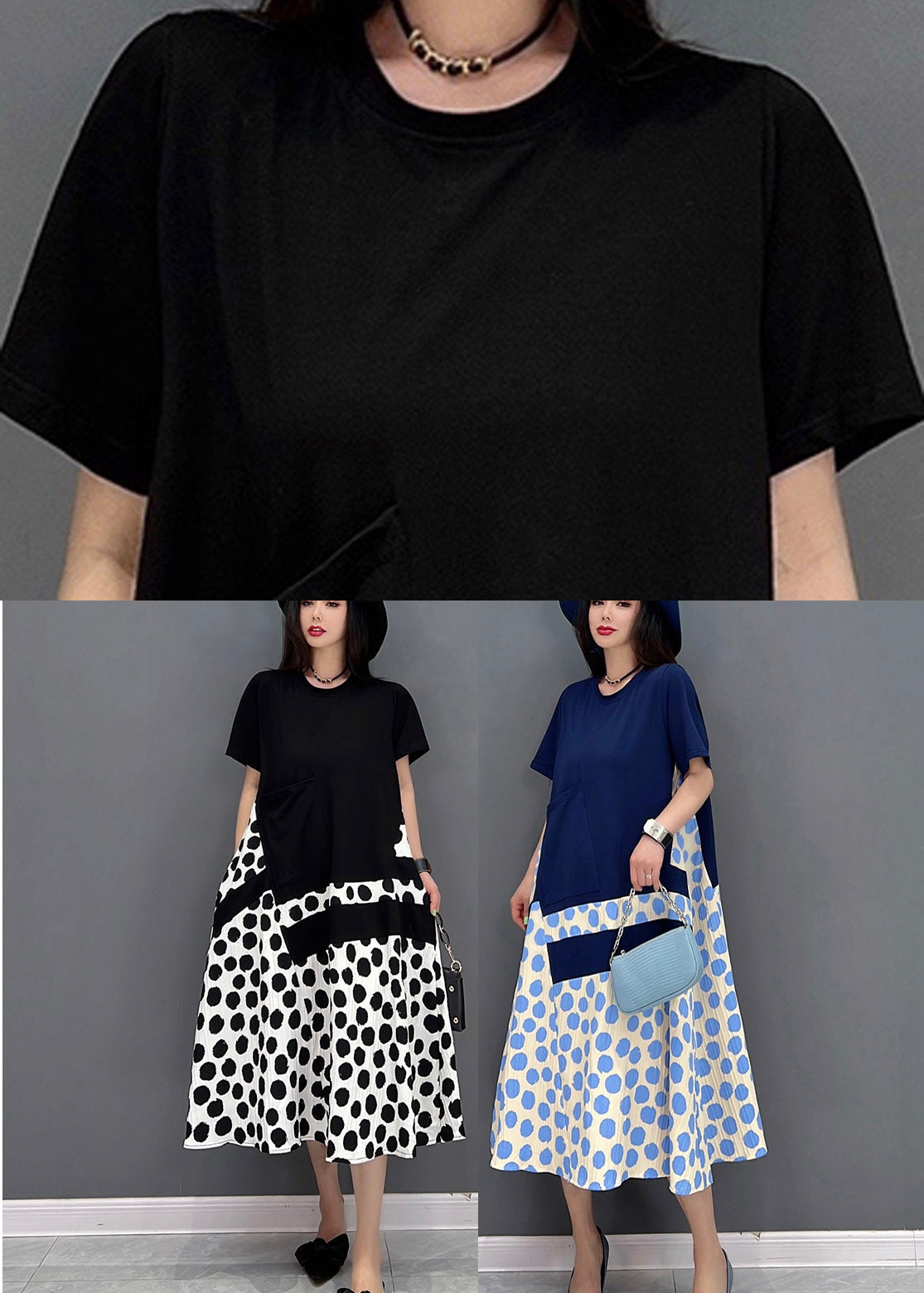Natural Blue O-neck Patchwork Long Dress Short Sleeve