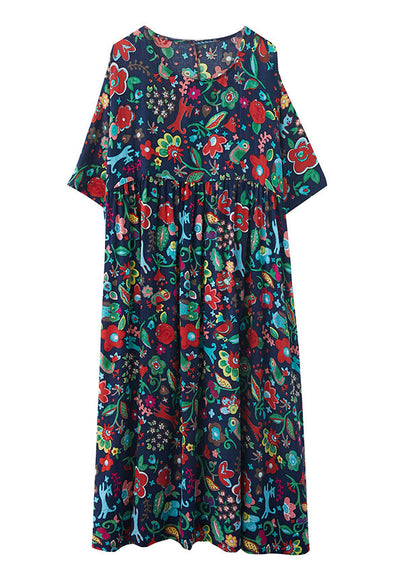 Natural Blue O-neck Print Wrinkled Cotton Long Dresses Summer