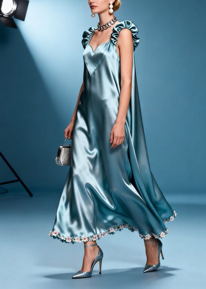 Natural Blue Oversized Patchwork Falower Silk Ankle Dress Summer