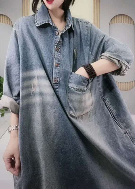Natural Blue Peterpan Collar Button Pockets Hole Fall Long Sleeve Denim Party Dress