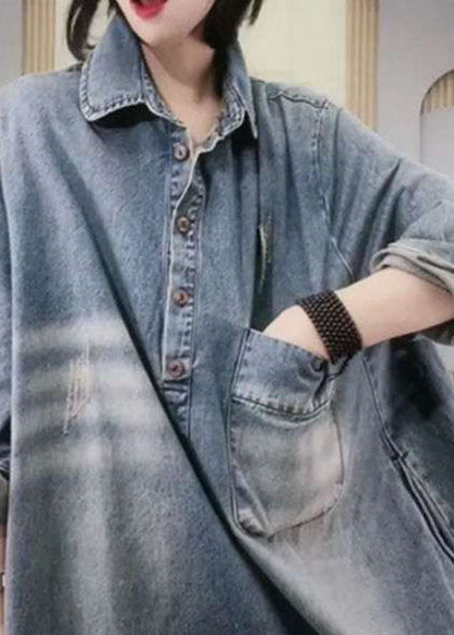 Natural Blue Peterpan Collar Button Pockets Hole Fall Long Sleeve Denim Party Dress