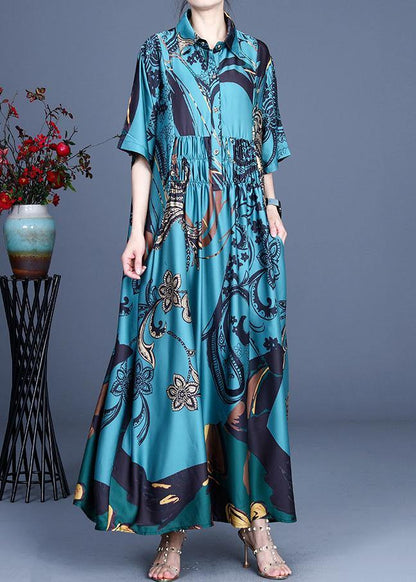 Natural Blue Print Silk Half Sleeve Dress Summer