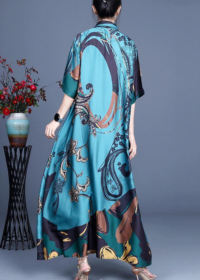 Natural Blue Print Silk Half Sleeve Dress Summer