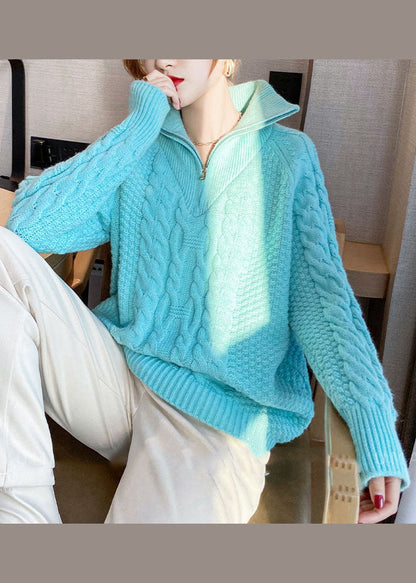 Natural Blue Zip Up Cozy Knitted Tops Spring