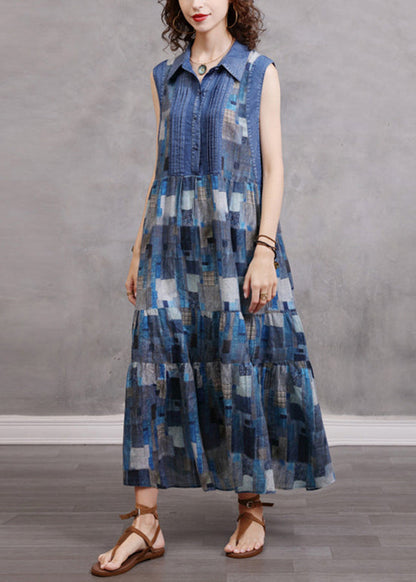 Natural Blue Button Cinched Peter Pan Collar Plaid Patchwork Dress Sleeveless