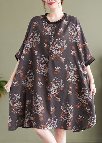 Natural Chocolate O-nec Ruffled Patchwork Print Mid Dress Half Sleeve