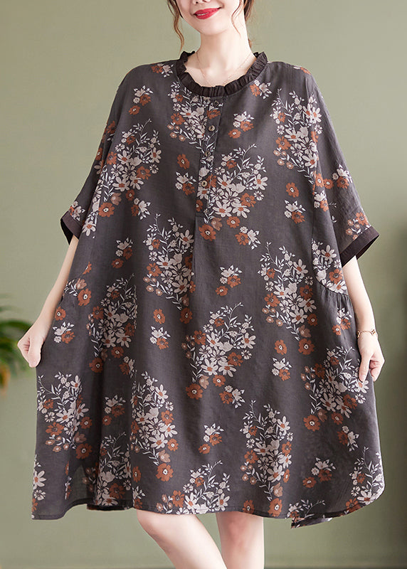 Natural Chocolate O-nec Ruffled Patchwork Print Mid Dress Half Sleeve