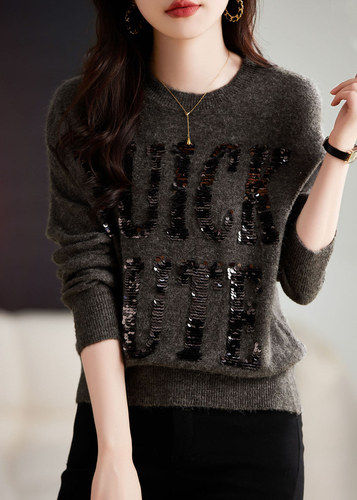 Natural Chocolate O-neck Sequins Cozy Cotton Knit Sweaters Long Sleeve