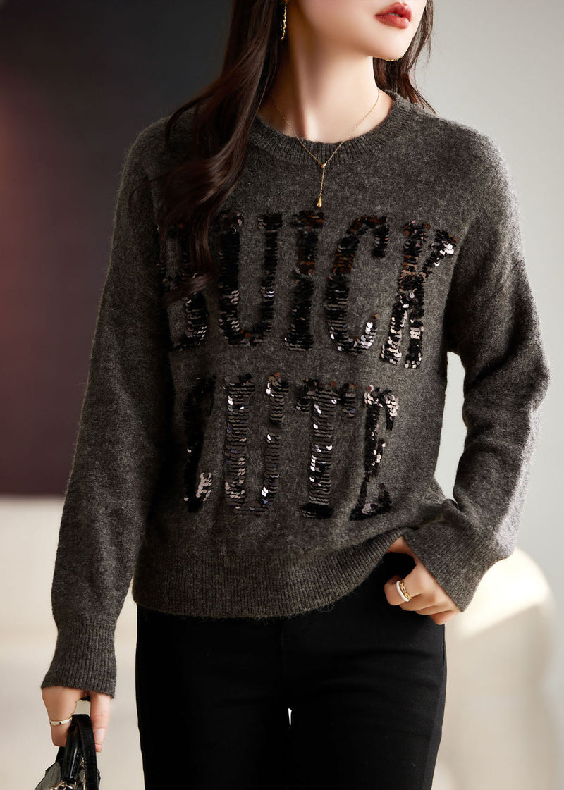 Natural Chocolate O-neck Sequins Cozy Cotton Knit Sweaters Long Sleeve