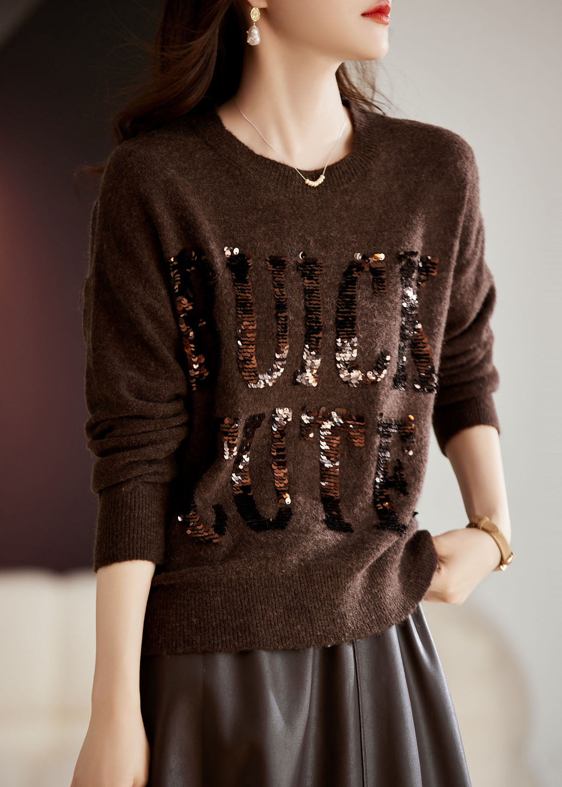 Natural Chocolate O-neck Sequins Cozy Cotton Knit Sweaters Long Sleeve