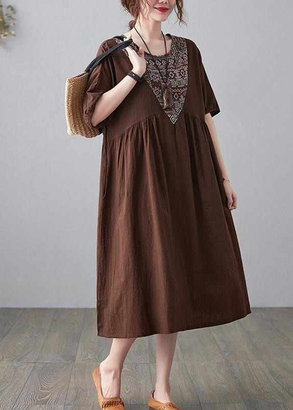 Natural Chocolate Patchwork Short Sleeve Maxi Dresses Summer