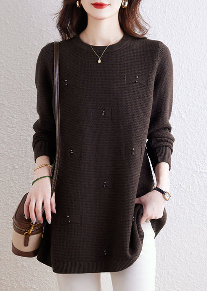 Natural Coffee O-neck Nail Bead Cotton Knit Sweaters Winter