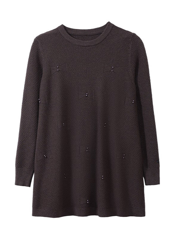 Natural Coffee O-neck Nail Bead Cotton Knit Sweaters Winter
