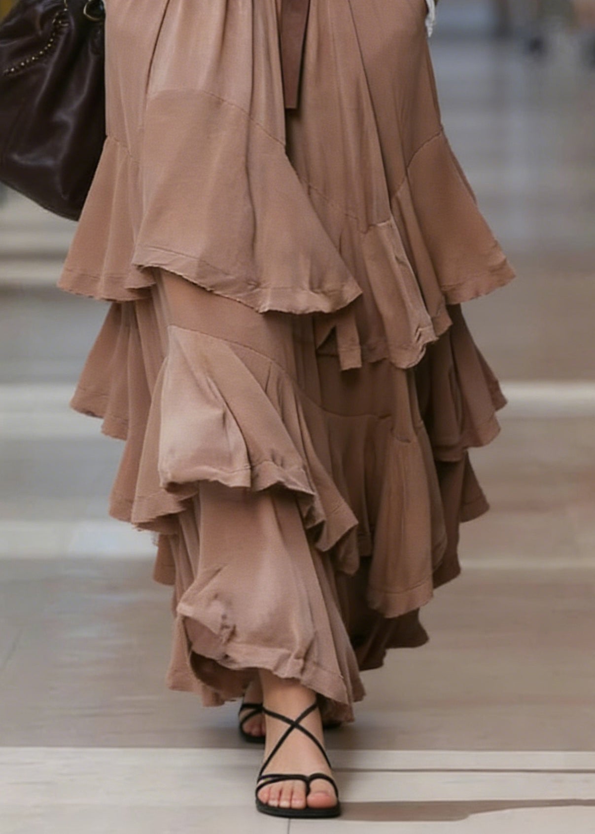 Natural Coffee Pockets Patchwork Ruffled Maxi Skirts Spring