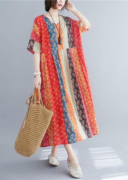 Natural Colorblock Print O-neck Summer Maxi Dresses Half Sleeve