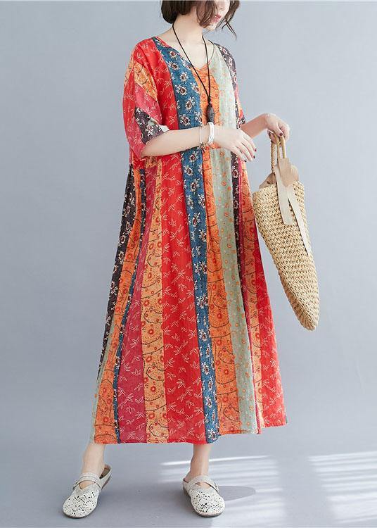 Natural Colorblock Print O-neck Summer Maxi Dresses Half Sleeve