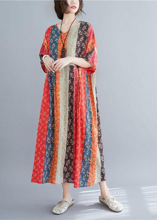 Natural Colorblock Print O-neck Summer Maxi Dresses Half Sleeve