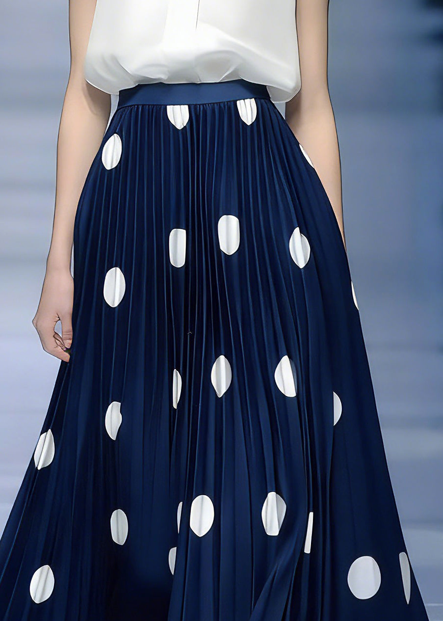 Natural Dark Blue Dot Patchwork Pleated Skirt