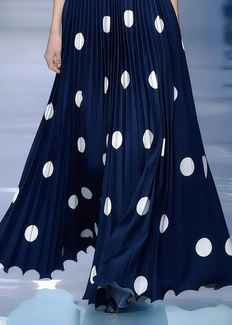 Natural Dark Blue Dot Patchwork Pleated Skirt