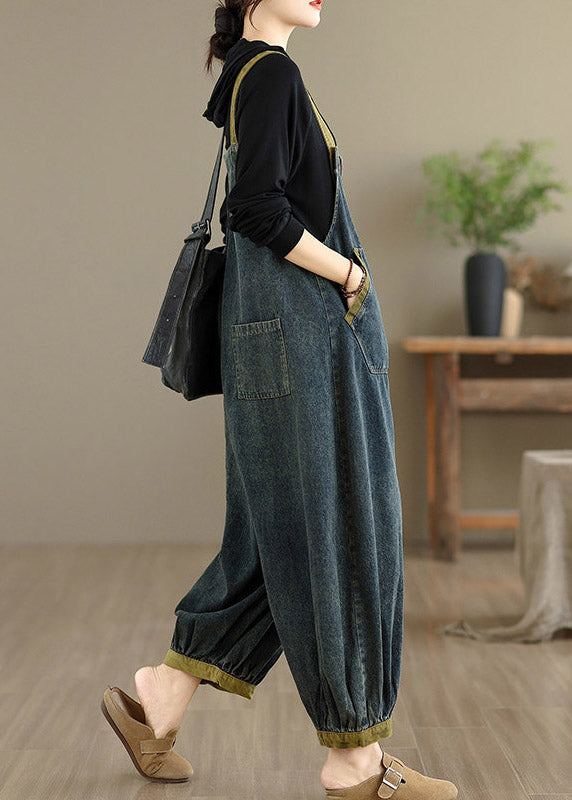 Natural Dark Blue Pockets Patchwork Denim Jumpsuits Sleeveless