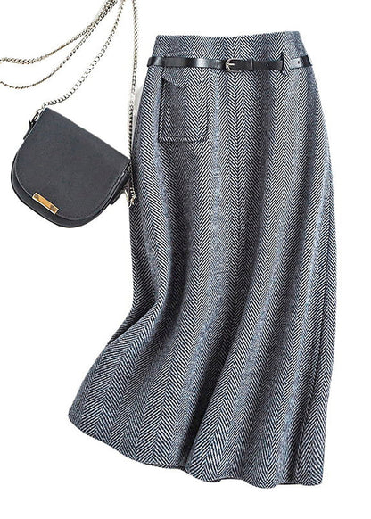 Natural Dark Grey High Waist Woolen a Line Skirts Spring