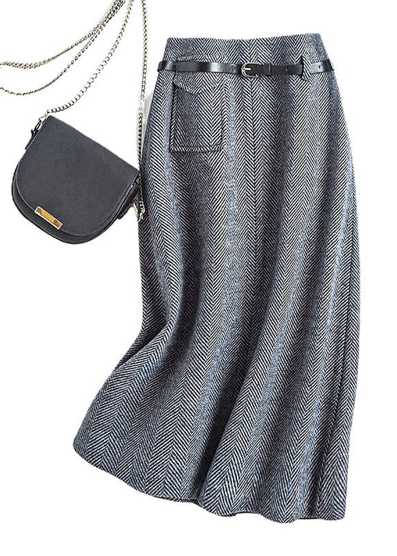 Natural Dark Grey High Waist Woolen a Line Skirts Spring