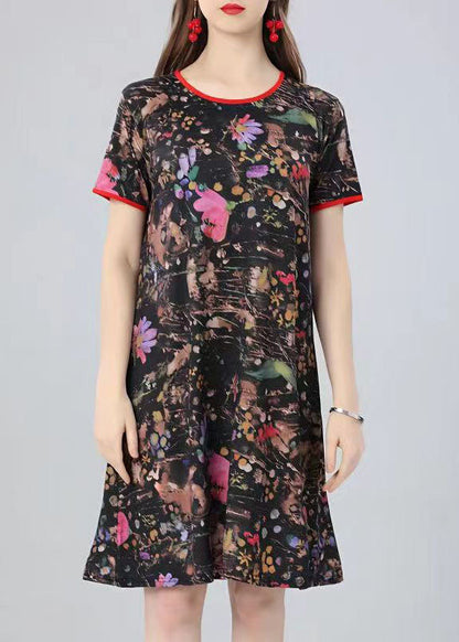 Natural O Neck Print Patchwork Cotton Mid Dress Summer