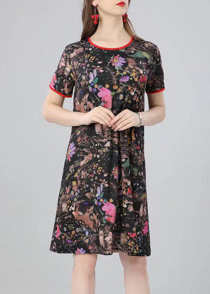 Natural O Neck Print Patchwork Cotton Mid Dress Summer
