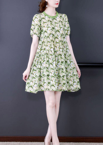 Natural Green O-neck Cinched Print Dress Short Sleeve