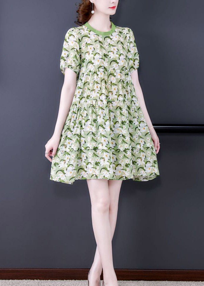 Natural Green O-neck Cinched Print Dress Short Sleeve