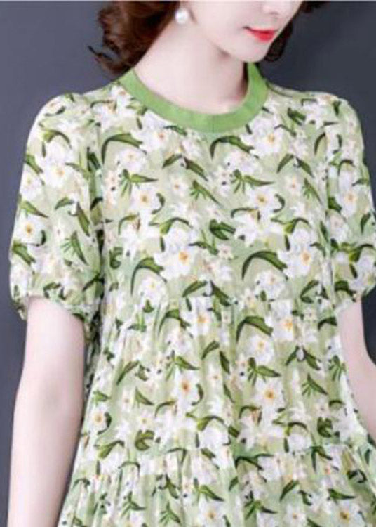 Natural Green O-neck Cinched Print Dress Short Sleeve