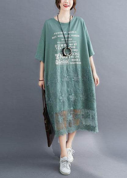 Natural Green O-neck Graphic Summer Long Dresses Half Sleeve