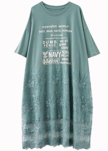 Natural Green O-neck Graphic Summer Long Dresses Half Sleeve