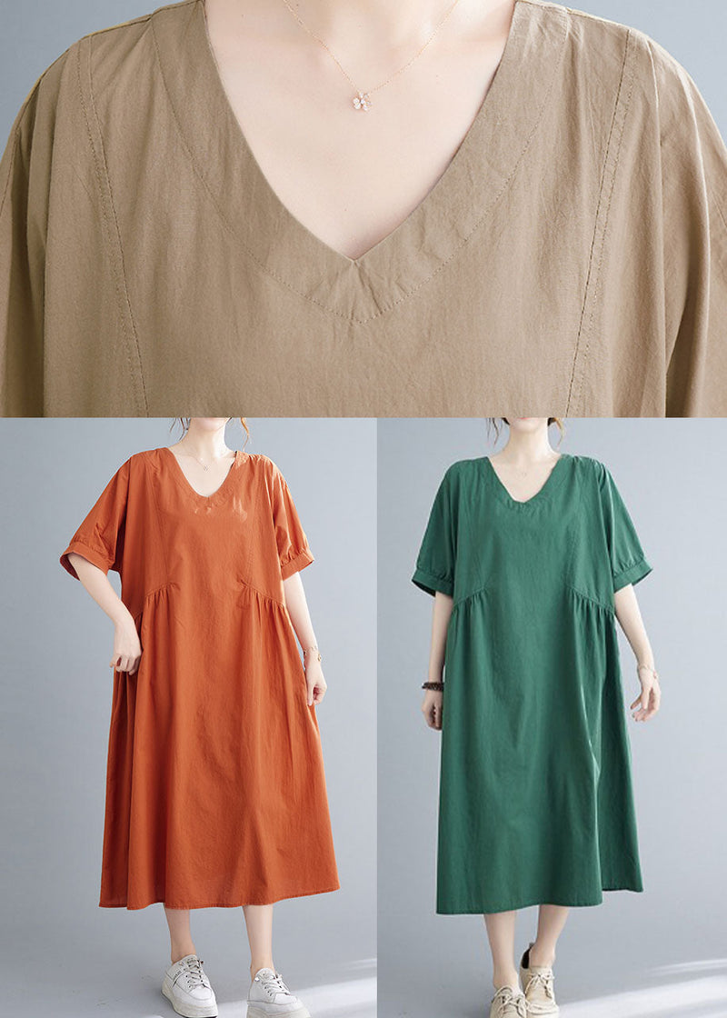 Natural Green Color Patchwork Cotton Long Dress Short Sleeve