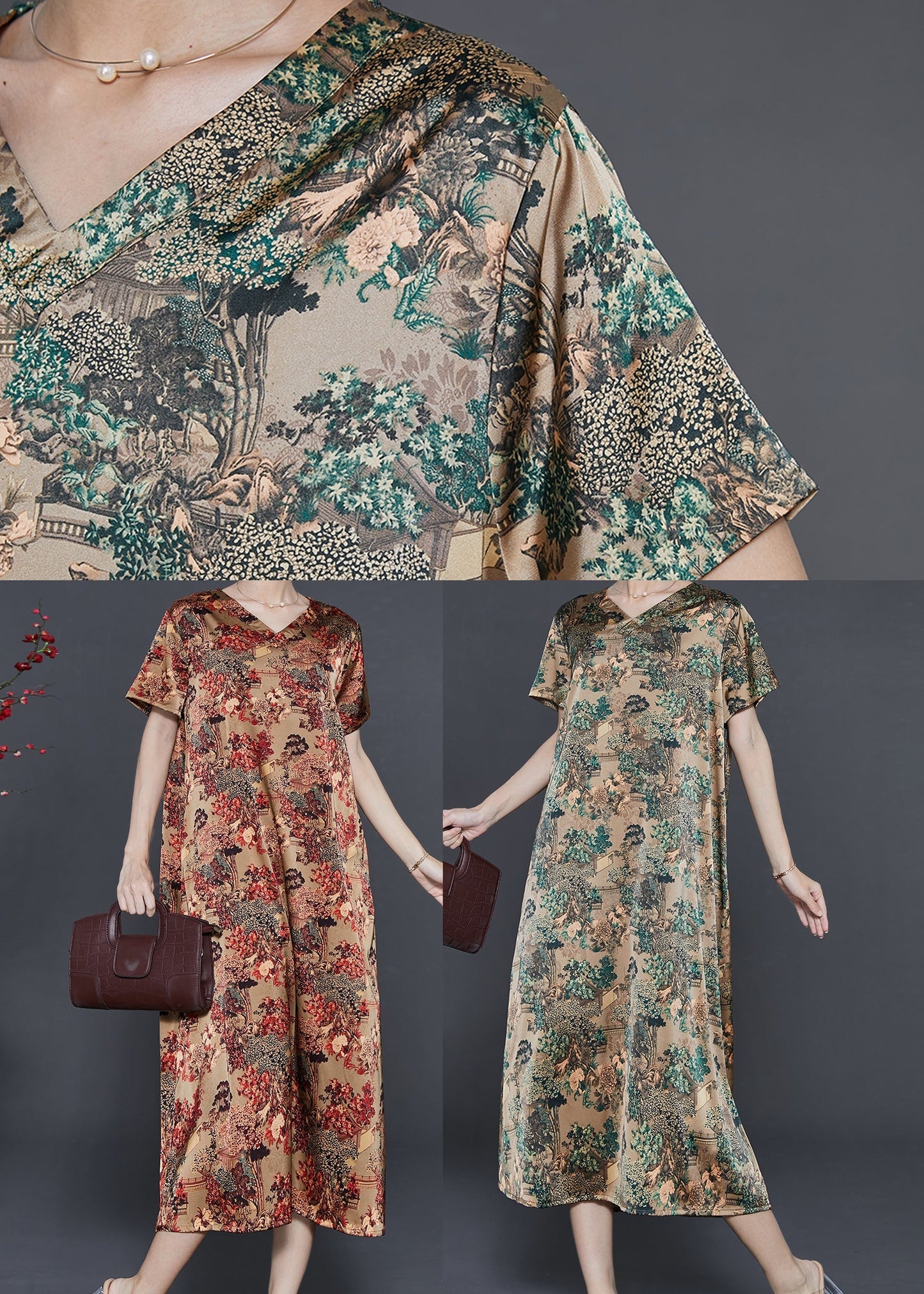 Natural Green V Neck Print Silk Vacation Dresses Summer