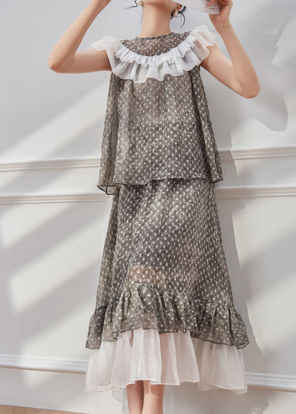Natural Grey Dot Patchwork Shirt and Maxi Skirts Two Piece Set Summer
