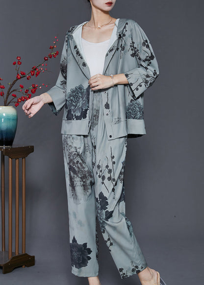 Natural Grey Hooded Ink and Wash Cotton Two Pieces Set Spring