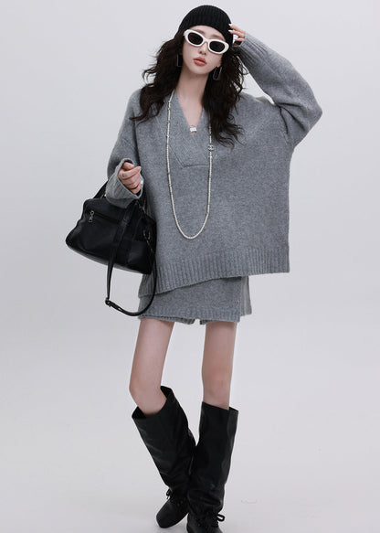 Natural Grey Oversized Warm Knit Sweater and Skirt Two-piece Set Winter