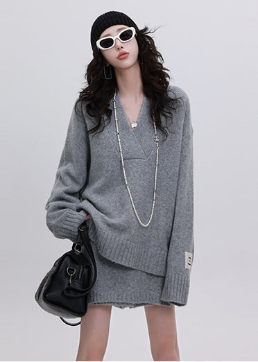 Natural Grey Oversized Warm Knit Sweater and Skirt Two-piece Set Winter