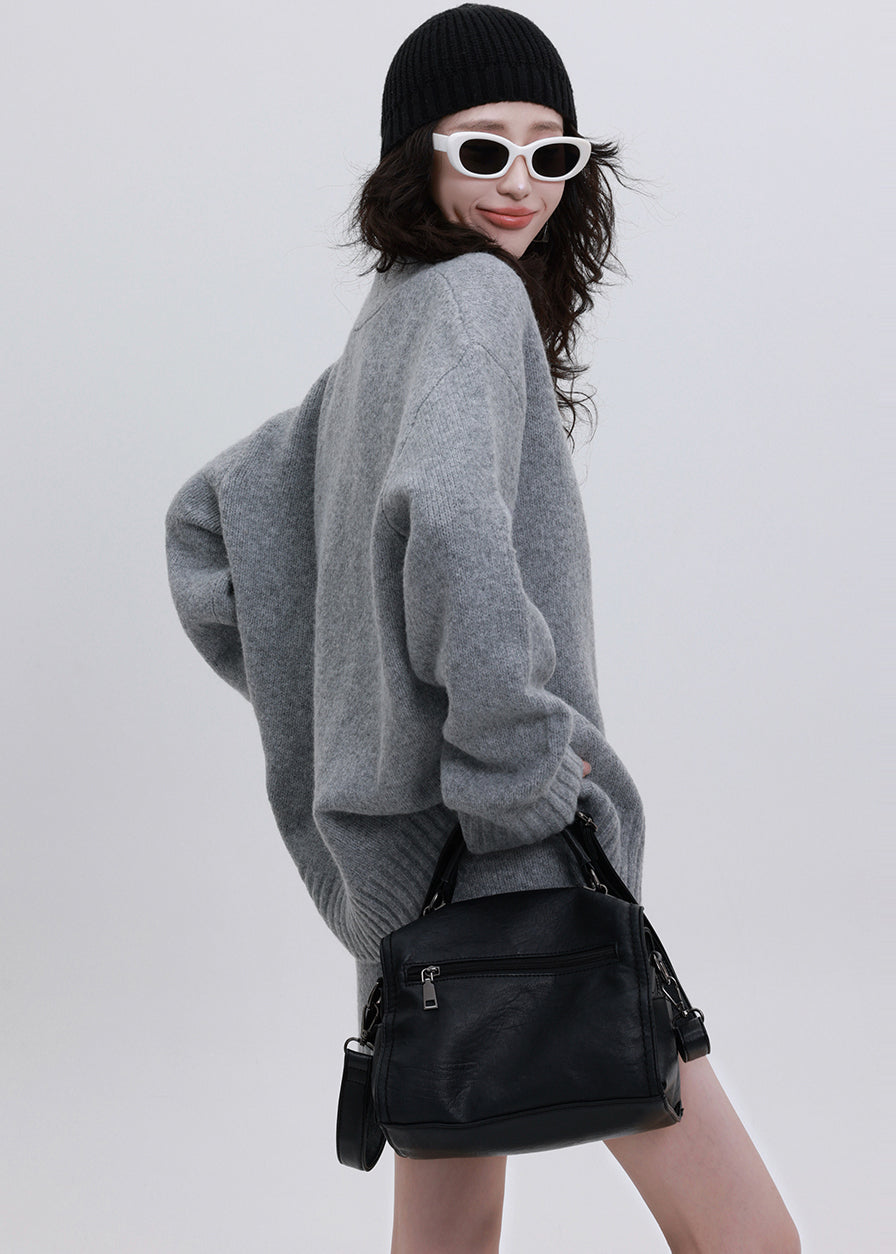 Natural Grey Oversized Warm Knit Sweater and Skirt Two-piece Set Winter
