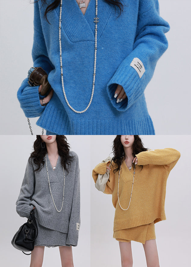 Natural Grey Oversized Warm Knit Sweater and Skirt Two-piece Set Winter