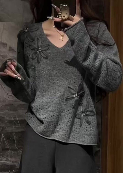 Natural Grey V Neck Cozy Cotton Knit Sweater Spring