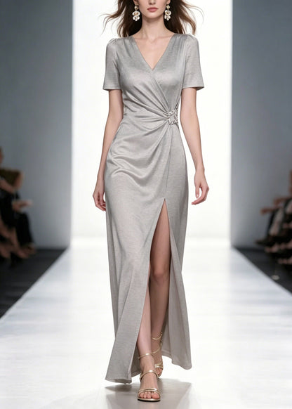 Natural Grey V Neck Wrinkled Long Dresses Summer