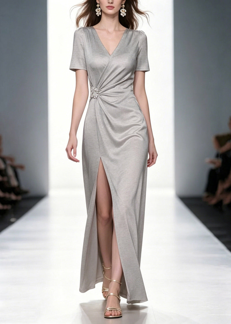 Natural Grey V Neck Wrinkled Long Dresses Summer