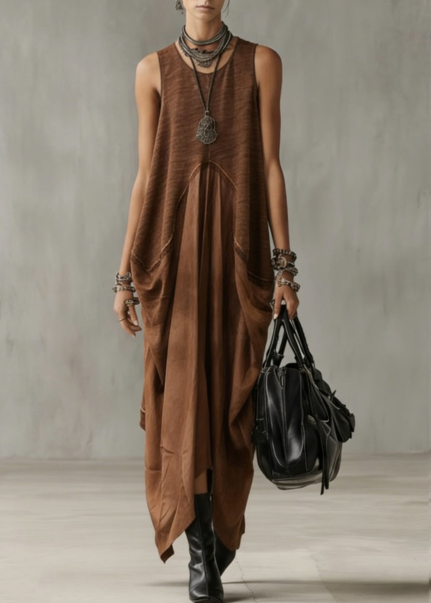 Natural Khaki O-neck Patchwork Long Dress Summer