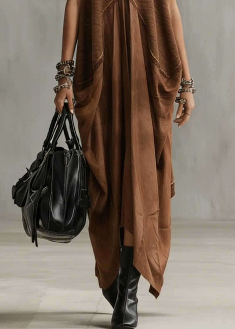 Natural Khaki O-neck Patchwork Long Dress Summer