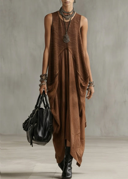 Natural Khaki O-neck Patchwork Long Dress Summer