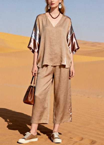 Natural Khaki Oversized Patchwork Silk Linen Two Piece Set Outfits Summer