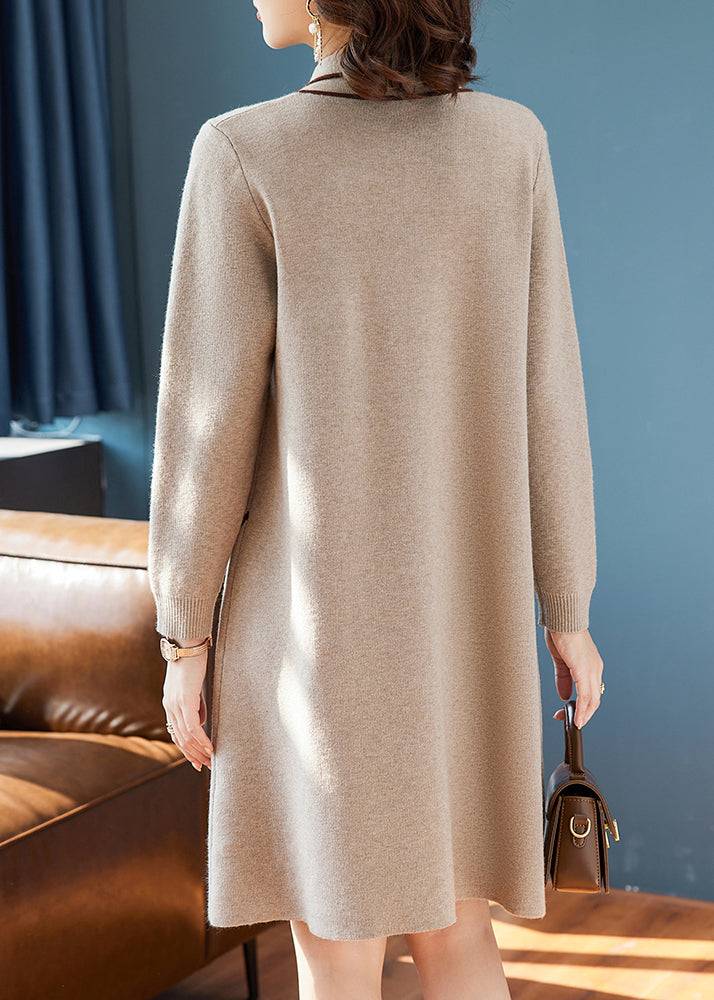 Natural Khaki Peter Pan Collar Cotton Knit Long Weater Dress Spring