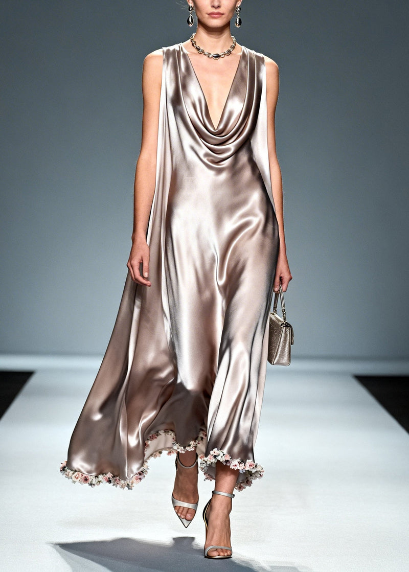 Natural Khaki Turtle Neck Silk Dresses Sleeveless